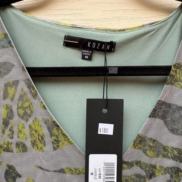 Kozan Zebra Print Midi Sheer Mesh Overlay Dress Size Medium Muted Gray Green NWT - Picture 4 of 13